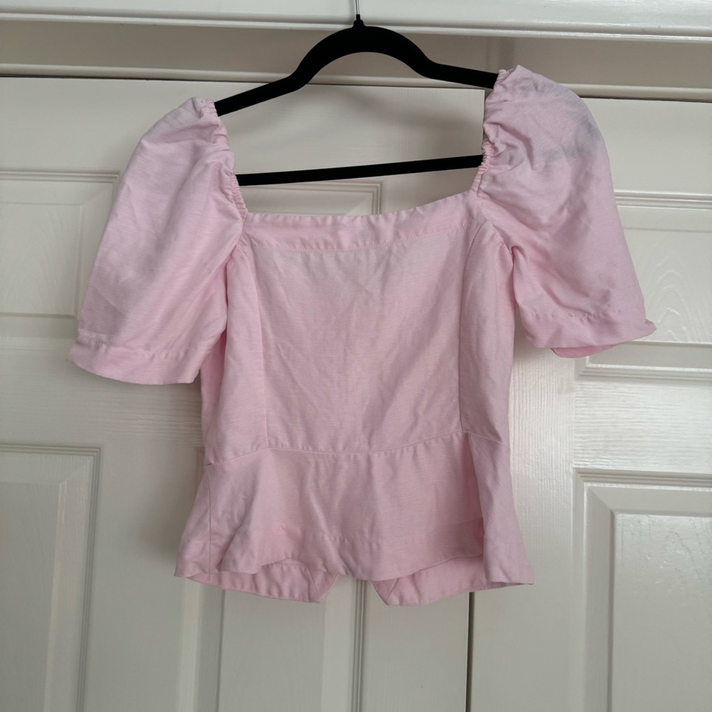 Aritzia Wilfred Janine Linen-Blend Puff Sleeve Button-Front Blouse Light Pink - Picture 5 of 6
